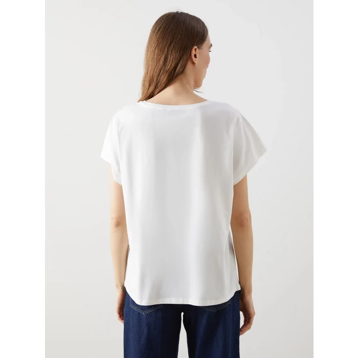 LCWAIKIKI Classic Ekru Bisiklet Yaka Baskılı Kadın Tişört