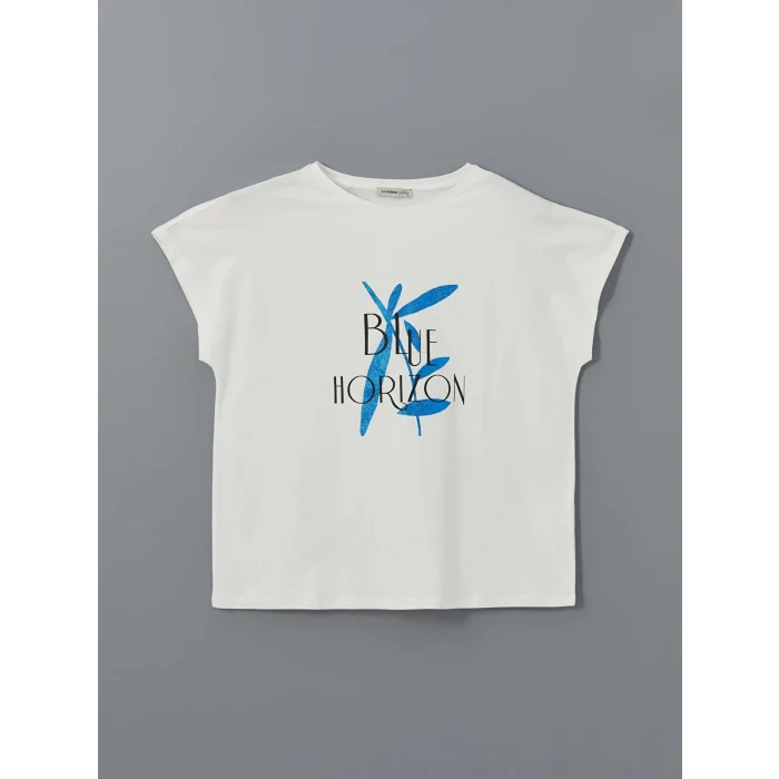 LCWAIKIKI Classic Ekru Bisiklet Yaka Baskılı Kadın Tişört