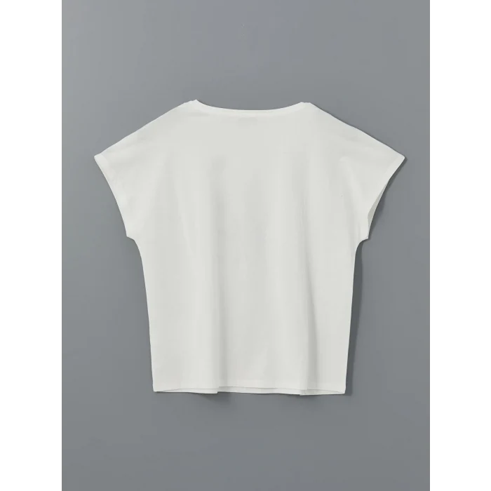 LCWAIKIKI Classic Ekru Bisiklet Yaka Baskılı Kadın Tişört