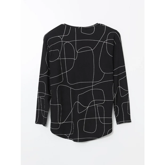 LCWAIKIKI Classic Ekru Bisiklet Yaka Desenli Oversize Kadın Tişört