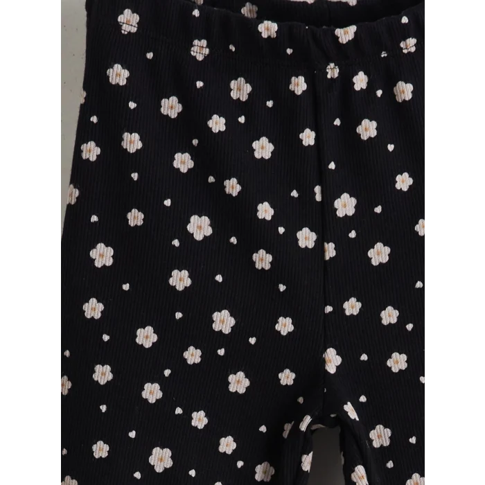LCW Kids Siyah Beli Lastikli Çiçekli Kız Çocuk Tayt