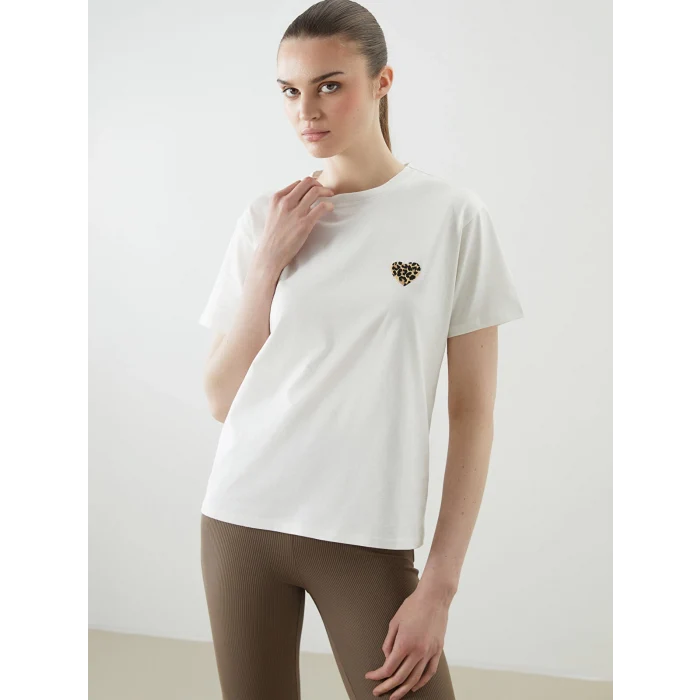 LCW Vision Ekru Bisiklet Yaka Baskılı Kadın Tişört