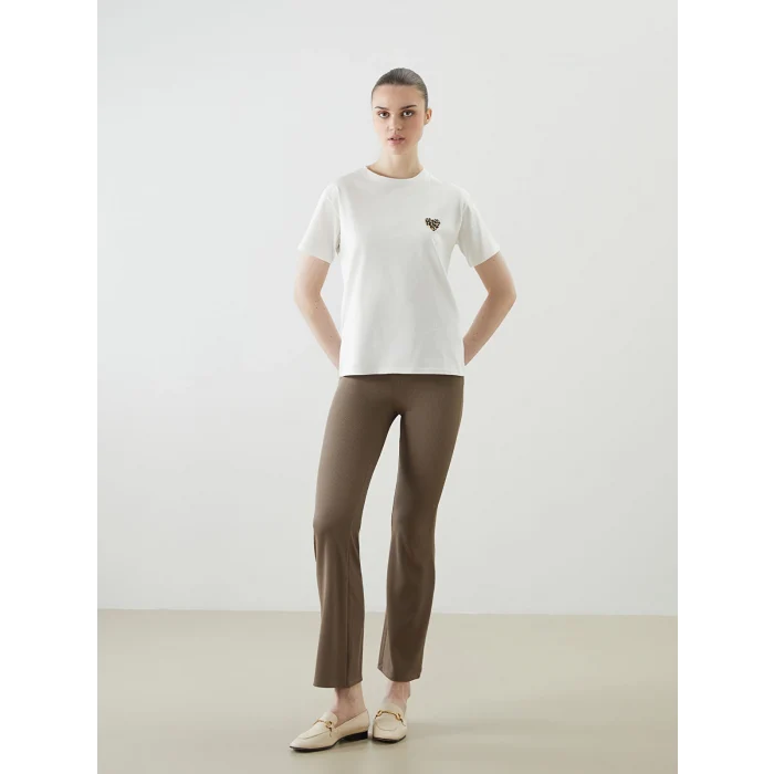 LCW Vision Ekru Bisiklet Yaka Baskılı Kadın Tişört