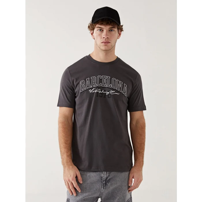 XSIDE Antrasit Bisiklet Yaka Kısa Kollu Baskılı Penye Erkek Tişört