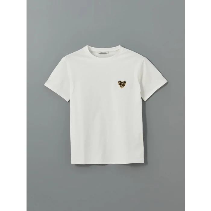 LCW Vision Ekru Bisiklet Yaka Baskılı Kadın Tişört