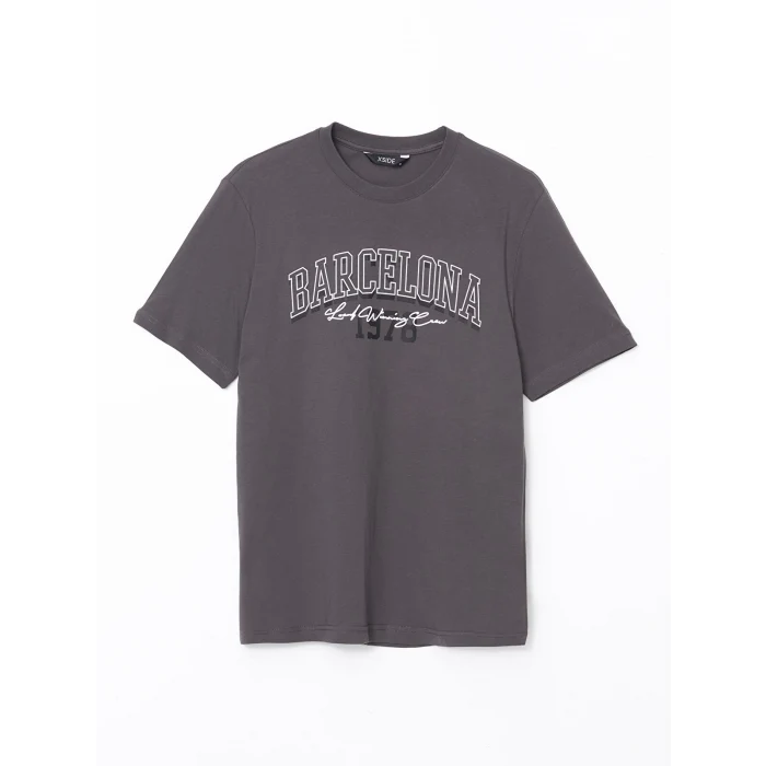 XSIDE Antrasit Bisiklet Yaka Kısa Kollu Baskılı Penye Erkek Tişört