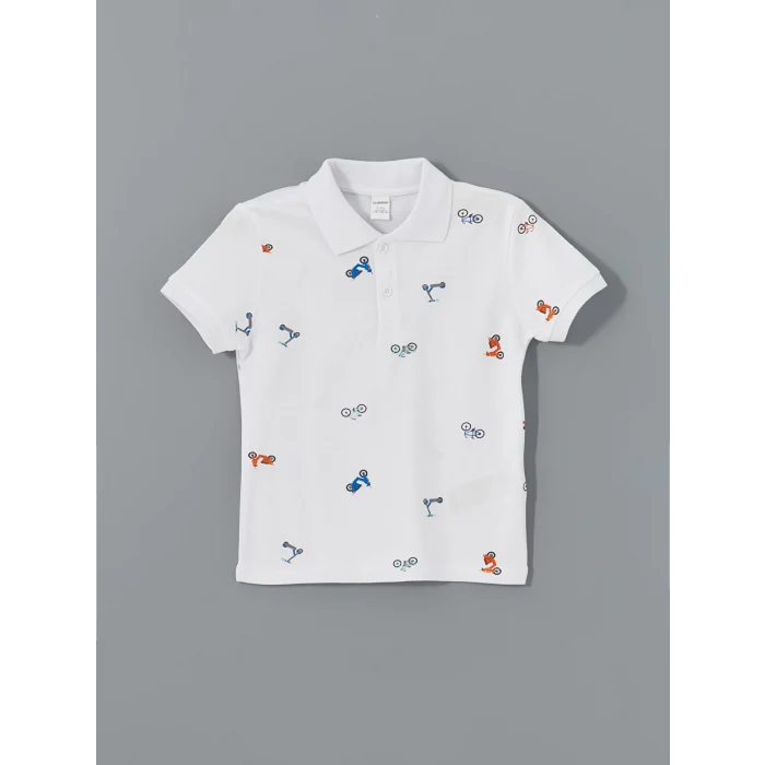LCW Kids Beyaz Polo Yaka Baskılı Erkek Çocuk Tişört