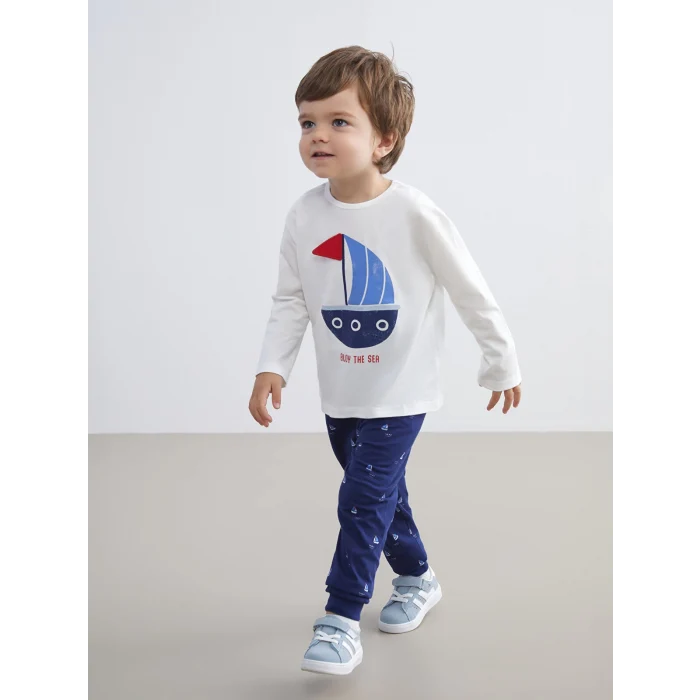LCW baby Ekru Bisiklet Yaka Baskılı Erkek Bebek Pijama Takım
