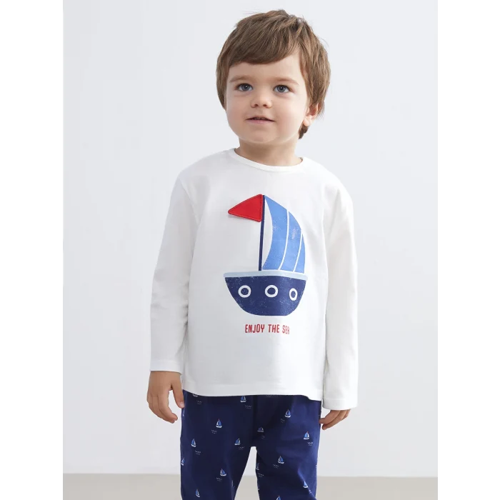 LCW baby Ekru Bisiklet Yaka Baskılı Erkek Bebek Pijama Takım