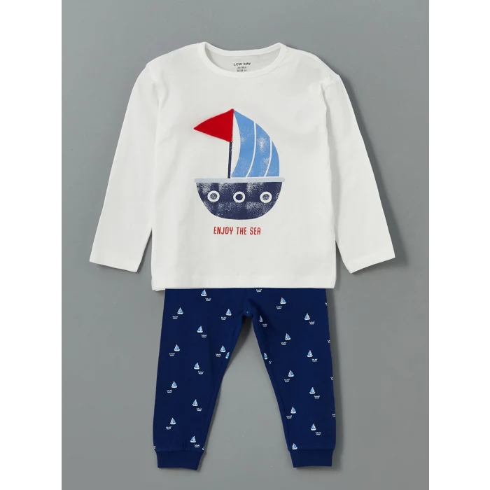 LCW baby Ekru Bisiklet Yaka Baskılı Erkek Bebek Pijama Takım