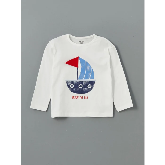 LCW baby Ekru Bisiklet Yaka Baskılı Erkek Bebek Pijama Takım