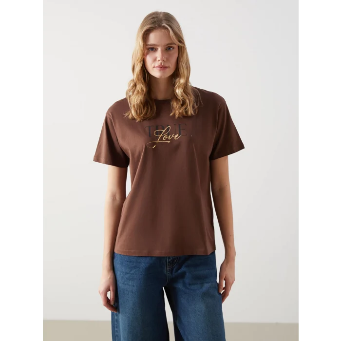 LCW Vision Kahverengi Bisiklet Yaka Baskılı Kadın Tişört