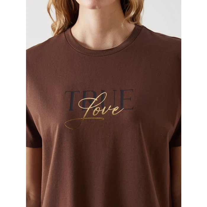 LCW Vision Kahverengi Bisiklet Yaka Baskılı Kadın Tişört