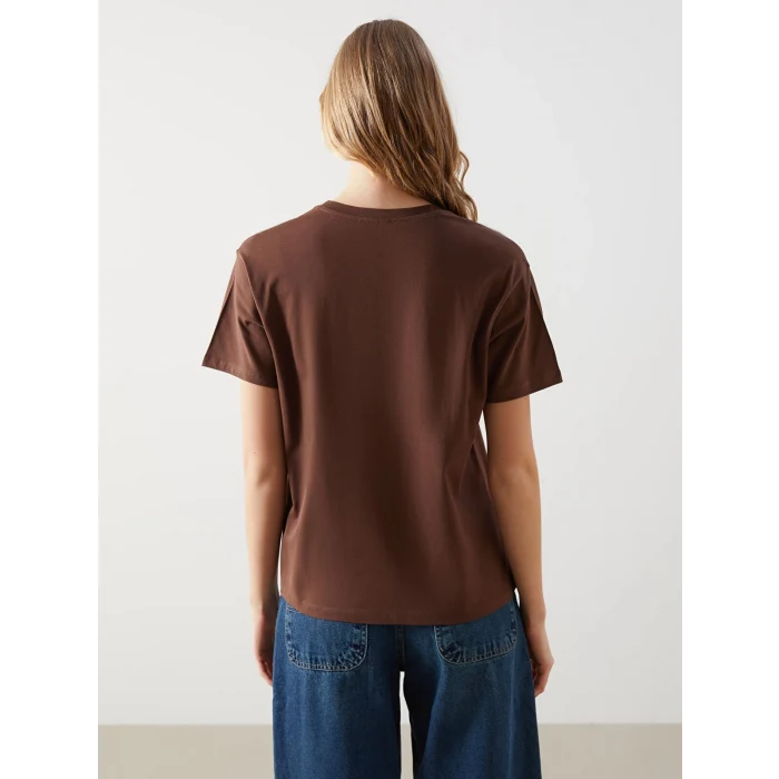 LCW Vision Kahverengi Bisiklet Yaka Baskılı Kadın Tişört