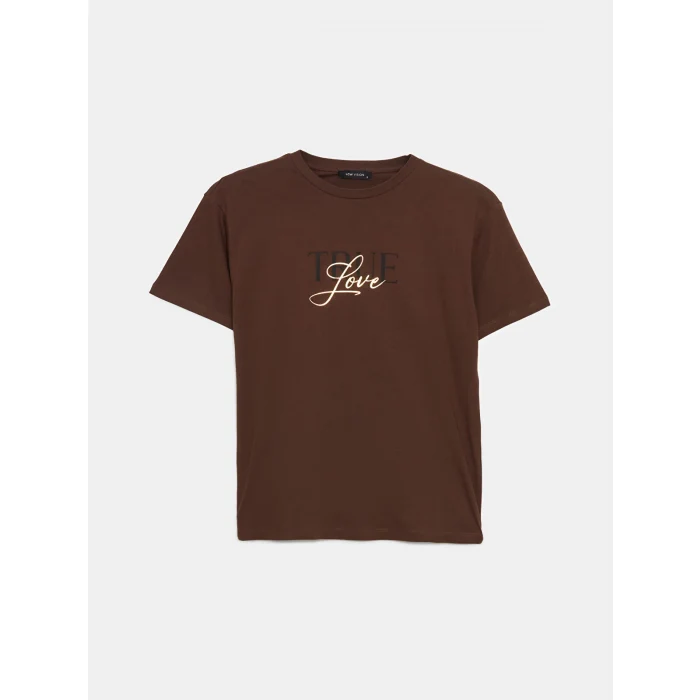 LCW Vision Kahverengi Bisiklet Yaka Baskılı Kadın Tişört