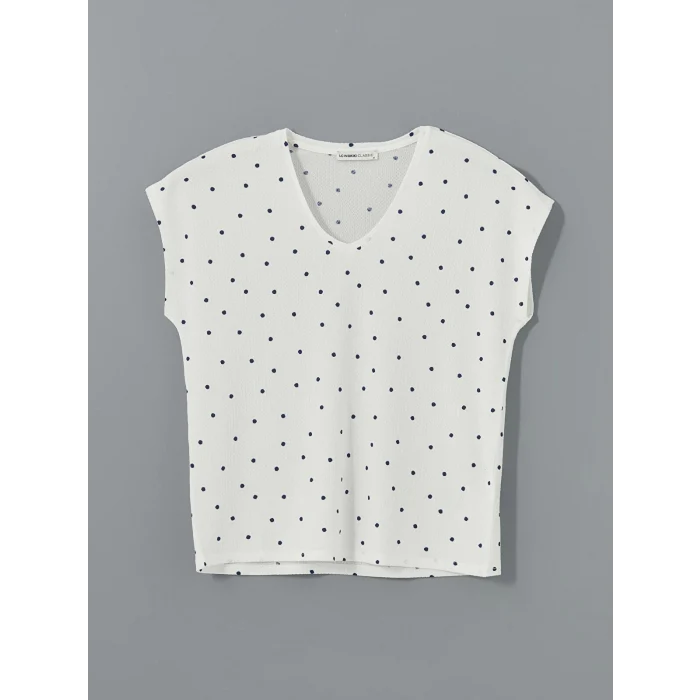 LCWAIKIKI Classic Lacivert V Yaka Puantiyeli Kadın Tişört