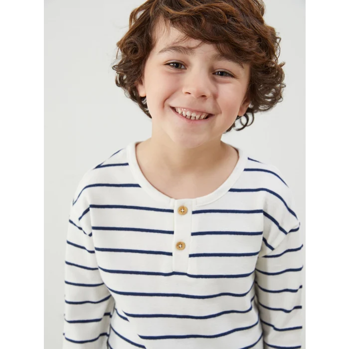 LCW Kids Bej Dokulu Kumaş Çizgili Erkek Çocuk Tişört