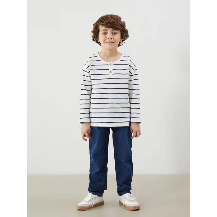 LCW Kids Bej Dokulu Kumaş Çizgili Erkek Çocuk Tişört