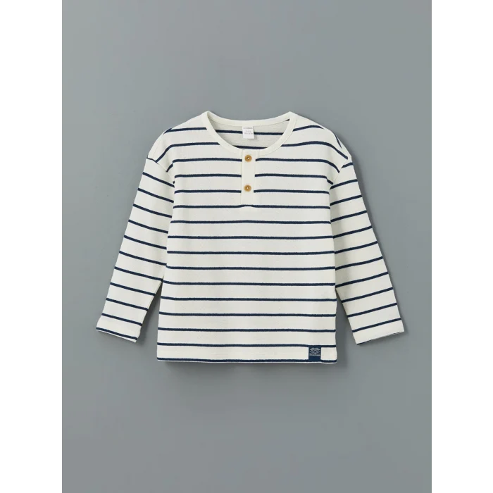 LCW Kids Bej Dokulu Kumaş Çizgili Erkek Çocuk Tişört