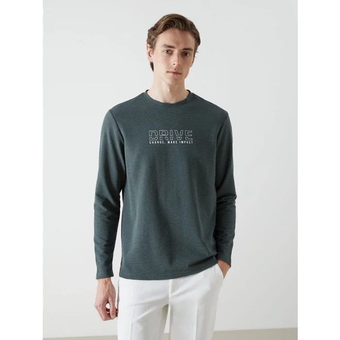 LCWAIKIKI Classic Yeşil Bisiklet Yaka Uzun Kollu Baskılı Erkek Sweatshirt