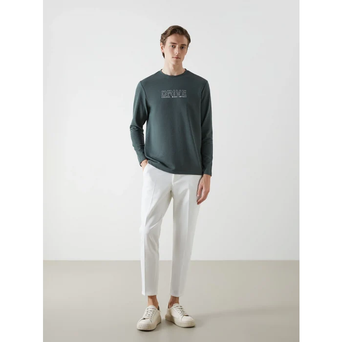 LCWAIKIKI Classic Yeşil Bisiklet Yaka Uzun Kollu Baskılı Erkek Sweatshirt