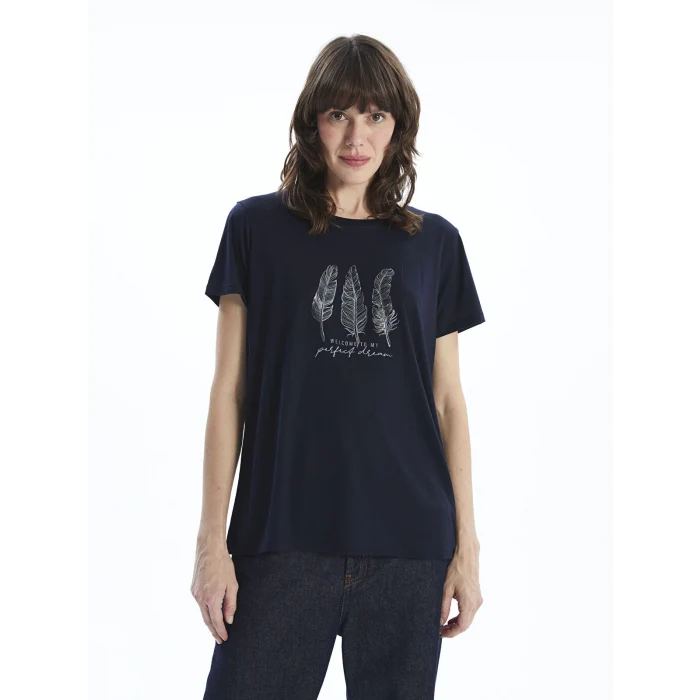 LCWAIKIKI Classic Lacivert Bisiklet Yaka Baskılı Kadın Tişört