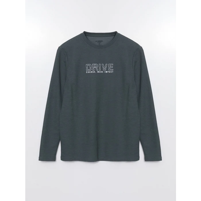 LCWAIKIKI Classic Yeşil Bisiklet Yaka Uzun Kollu Baskılı Erkek Sweatshirt