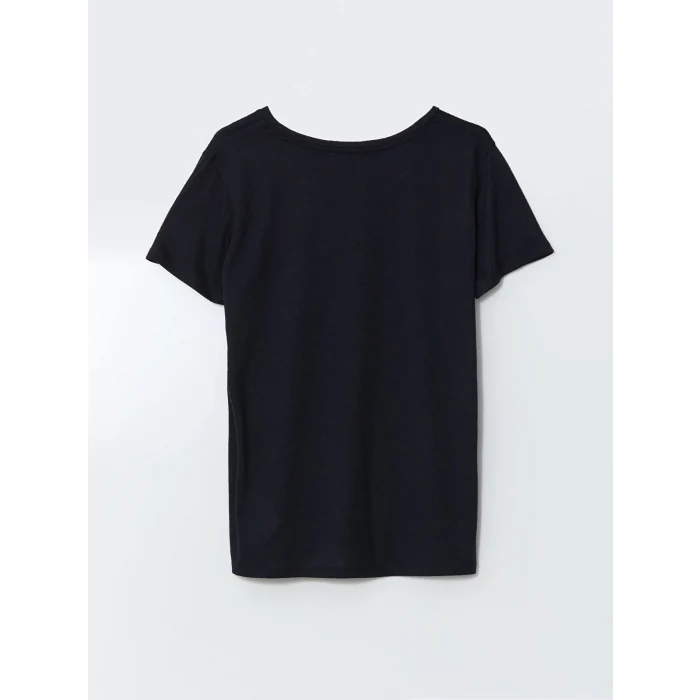 LCWAIKIKI Classic Lacivert Bisiklet Yaka Baskılı Kadın Tişört