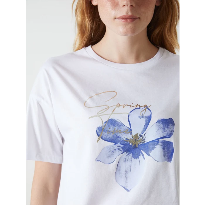 LCW Vision Beyaz Bisiklet Yaka Baskılı Kadın Tişört