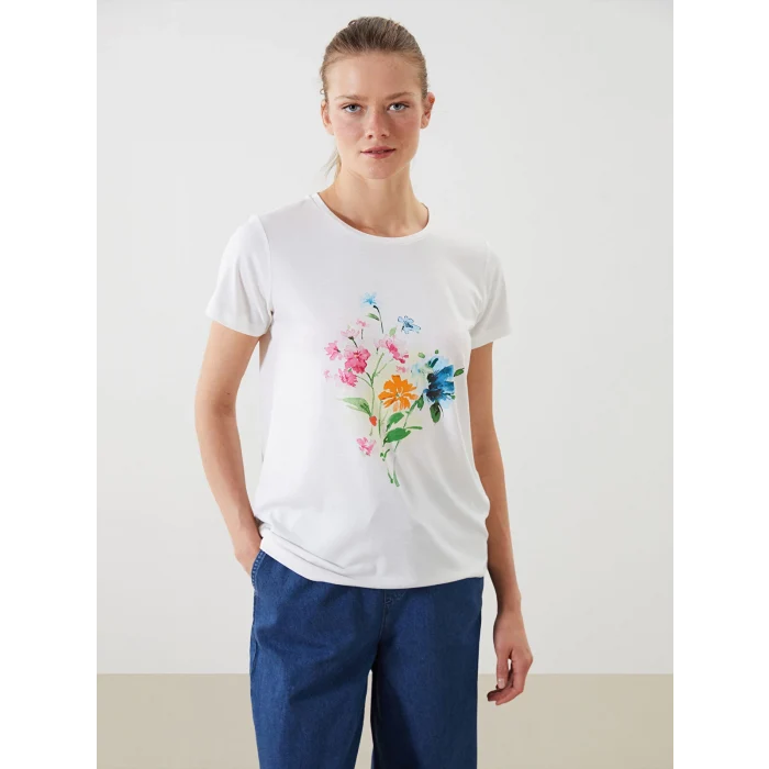 LCWAIKIKI Classic Ekru Bisiklet Yaka Çiçekli Kadın Tişört
