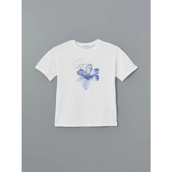 LCW Vision Beyaz Bisiklet Yaka Baskılı Kadın Tişört