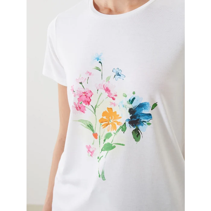 LCWAIKIKI Classic Ekru Bisiklet Yaka Çiçekli Kadın Tişört