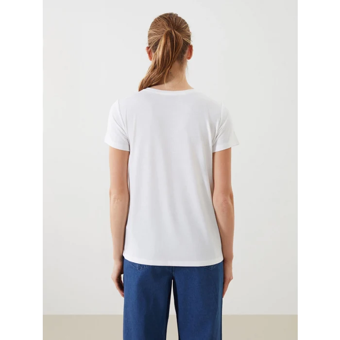 LCWAIKIKI Classic Ekru Bisiklet Yaka Çiçekli Kadın Tişört