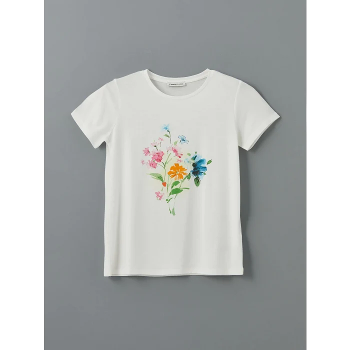 LCWAIKIKI Classic Ekru Bisiklet Yaka Çiçekli Kadın Tişört