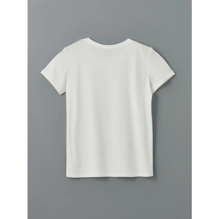 LCWAIKIKI Classic Ekru Bisiklet Yaka Çiçekli Kadın Tişört