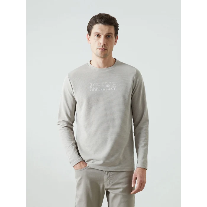 LCWAIKIKI Classic Bej Bisiklet Yaka Uzun Kollu Baskılı Erkek Sweatshirt