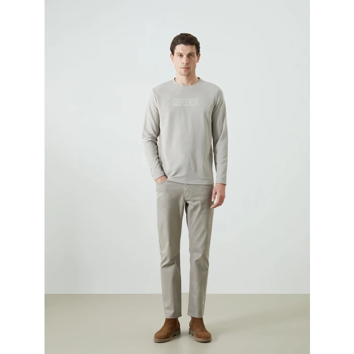 LCWAIKIKI Classic Bej Bisiklet Yaka Uzun Kollu Baskılı Erkek Sweatshirt