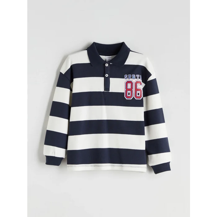 LCW Kids Lacivert Polo Yaka Çizgili Erkek Çocuk Sweatshirt