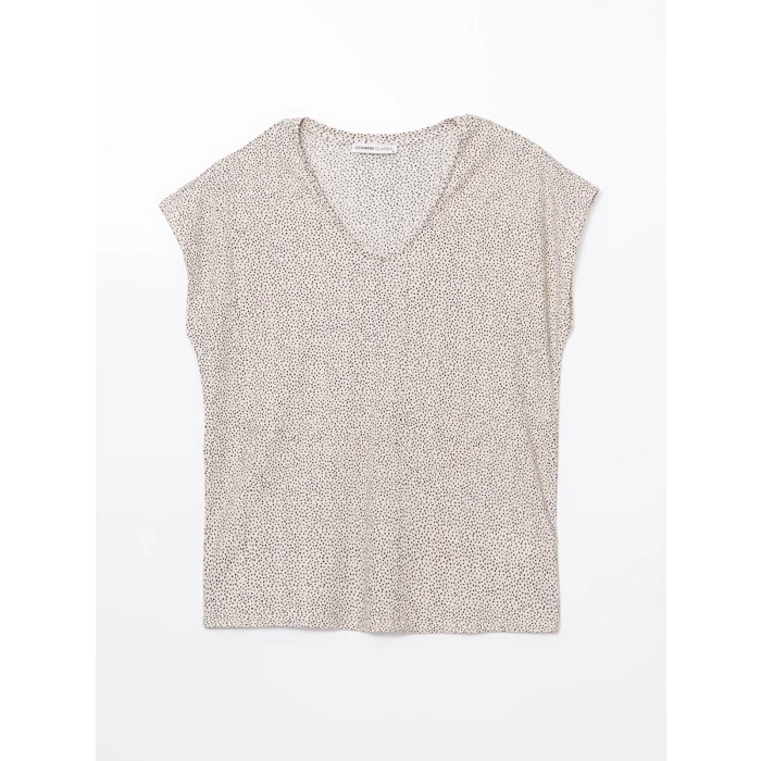 LCWAIKIKI Classic Kahverengi V Yaka Desenli Kadın Tişört