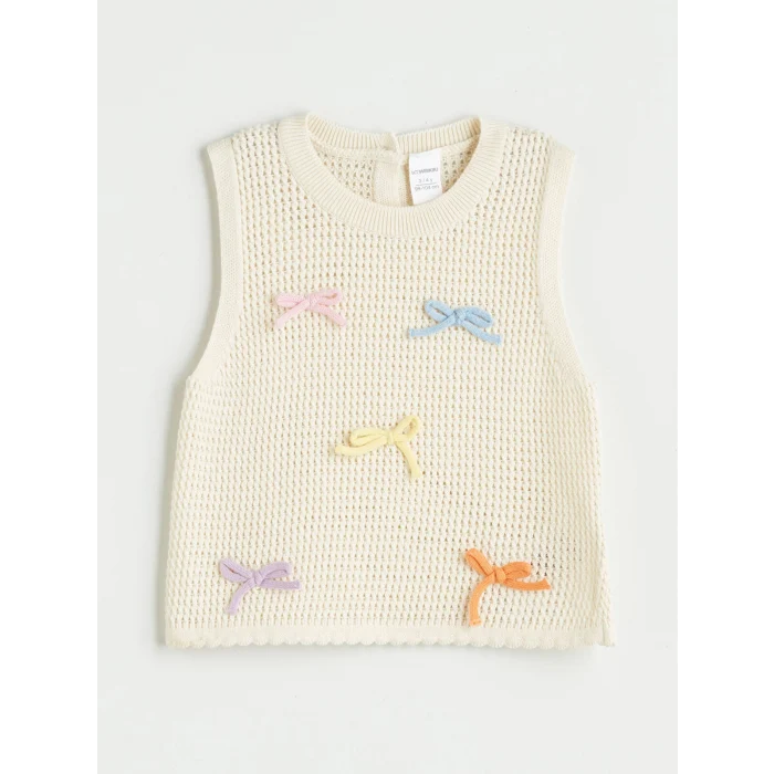 LCW Kids Ekru Kurdele Detaylı Kız Çocuk Triko Süveter