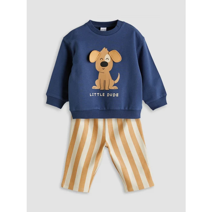 LCW baby Indigo Bisiklet Yaka Baskılı Erkek Bebek Sweatshirt ve Eşofman Alt 2li
