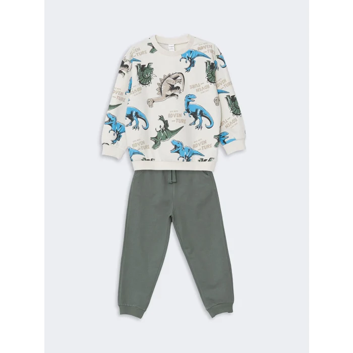 LCW baby Bej Bisiklet Yaka Baskılı Erkek Bebek Sweatshirt ve Eşofman Alt 2li