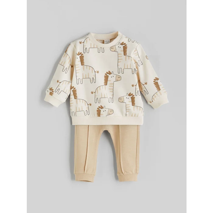 LCW baby Ekru Baskılı Erkek Bebek Sweatshirt ve Eşofman Alt 2li