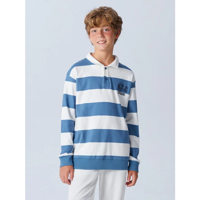 LCW Kids Mavi Polo Yaka Çizgili Erkek Çocuk Tişört
