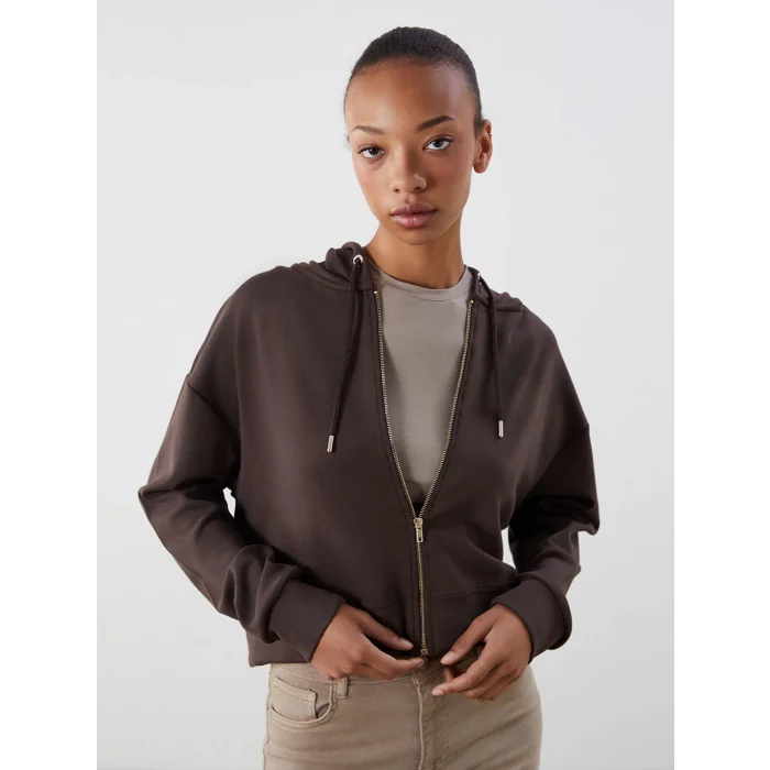 LCW Vision Kahverengi Kapüşonlu Kadın Fermuarlı Sweatshirt