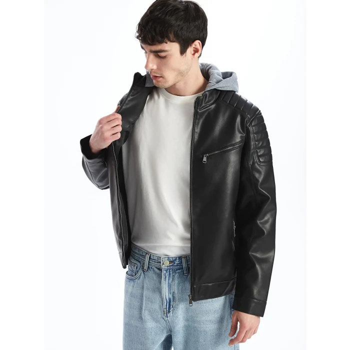 XSIDE Siyah Slim Fit Kapüşonlu Erkek Deri Görünümlü Mont