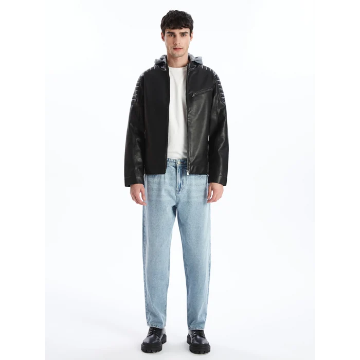 XSIDE Siyah Slim Fit Kapüşonlu Erkek Deri Görünümlü Mont