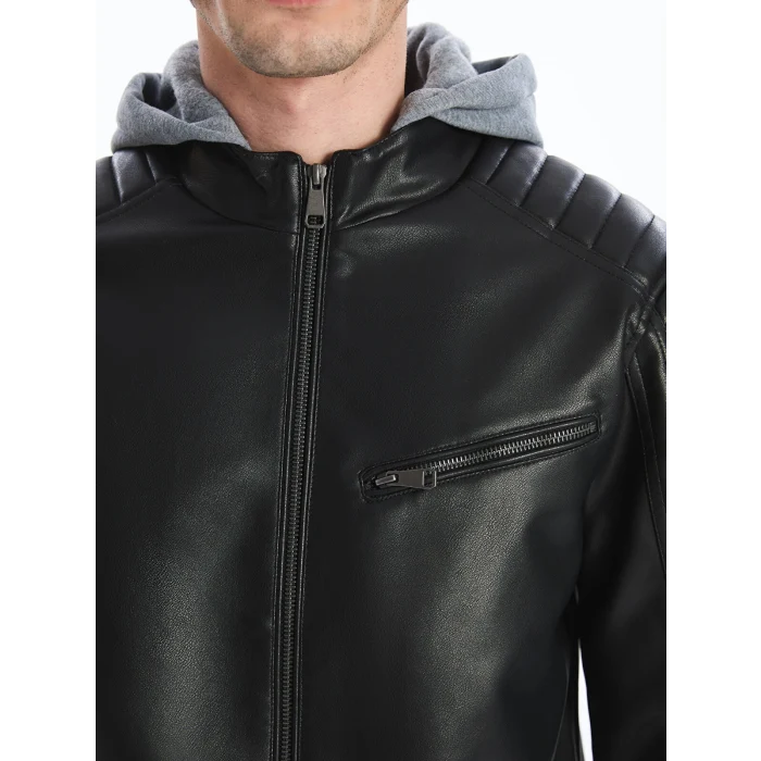 XSIDE Siyah Slim Fit Kapüşonlu Erkek Deri Görünümlü Mont