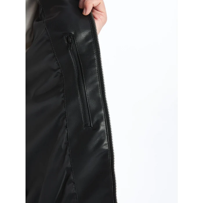 XSIDE Siyah Slim Fit Kapüşonlu Erkek Deri Görünümlü Mont