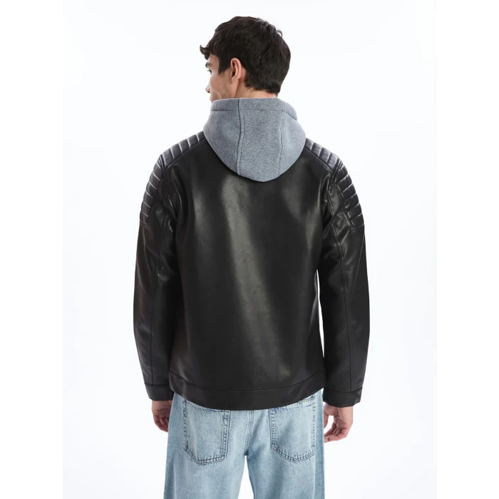 XSIDE Siyah Slim Fit Kapüşonlu Erkek Deri Görünümlü Mont